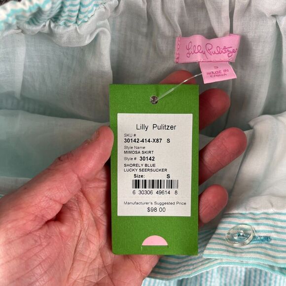 Lilly Pulitzer Mimosa Skirt Mini Lined Seersucker Shorely Blue Striped Sz S NWT - Picture 3 of 9